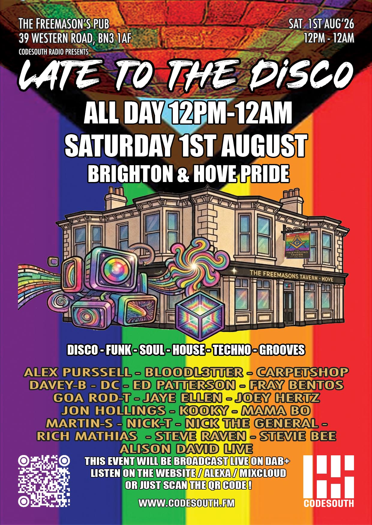 Codesouth presents Brighton and Hove Pride All Dayer Late To The Disco special